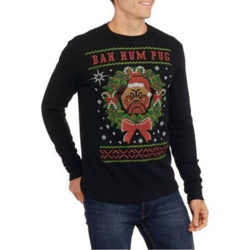 Men’s‎ Holiday Black Bah Hum Pug Graphic Christmas Thermal